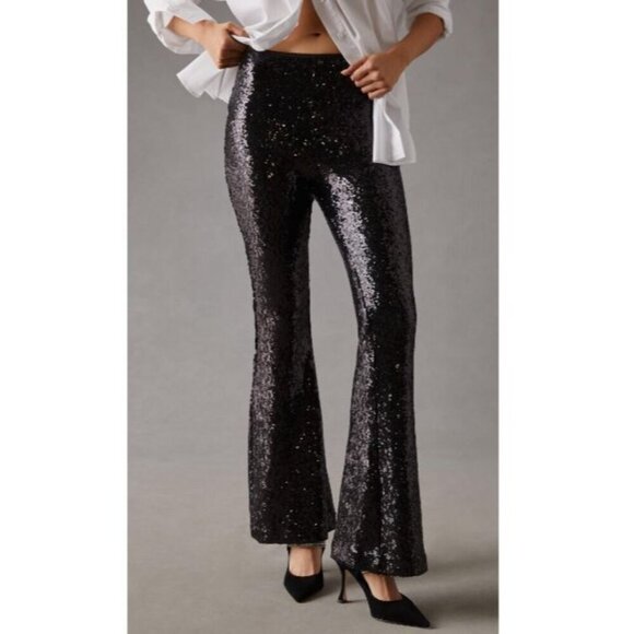 By Anthropologie Women's Black Flare Pants Joni Sequin Pull-On Size 0 - Picture 3 of 10